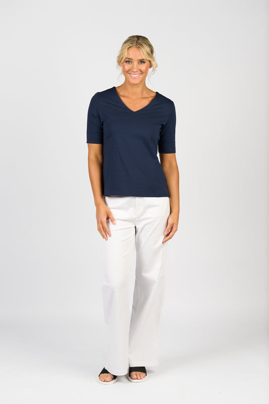 Navy V-Neck Top with Cuffed Sleeve