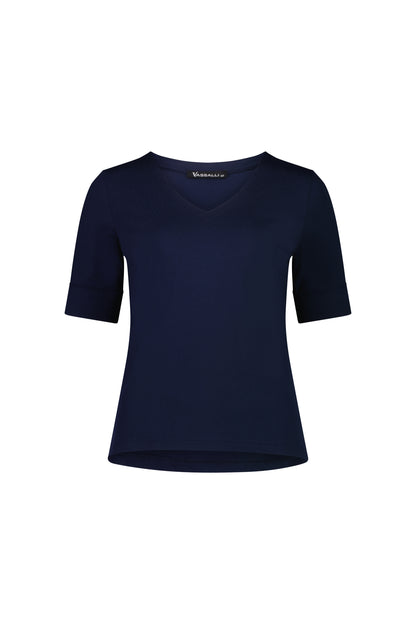 Navy V-Neck Top with Cuffed Sleeve