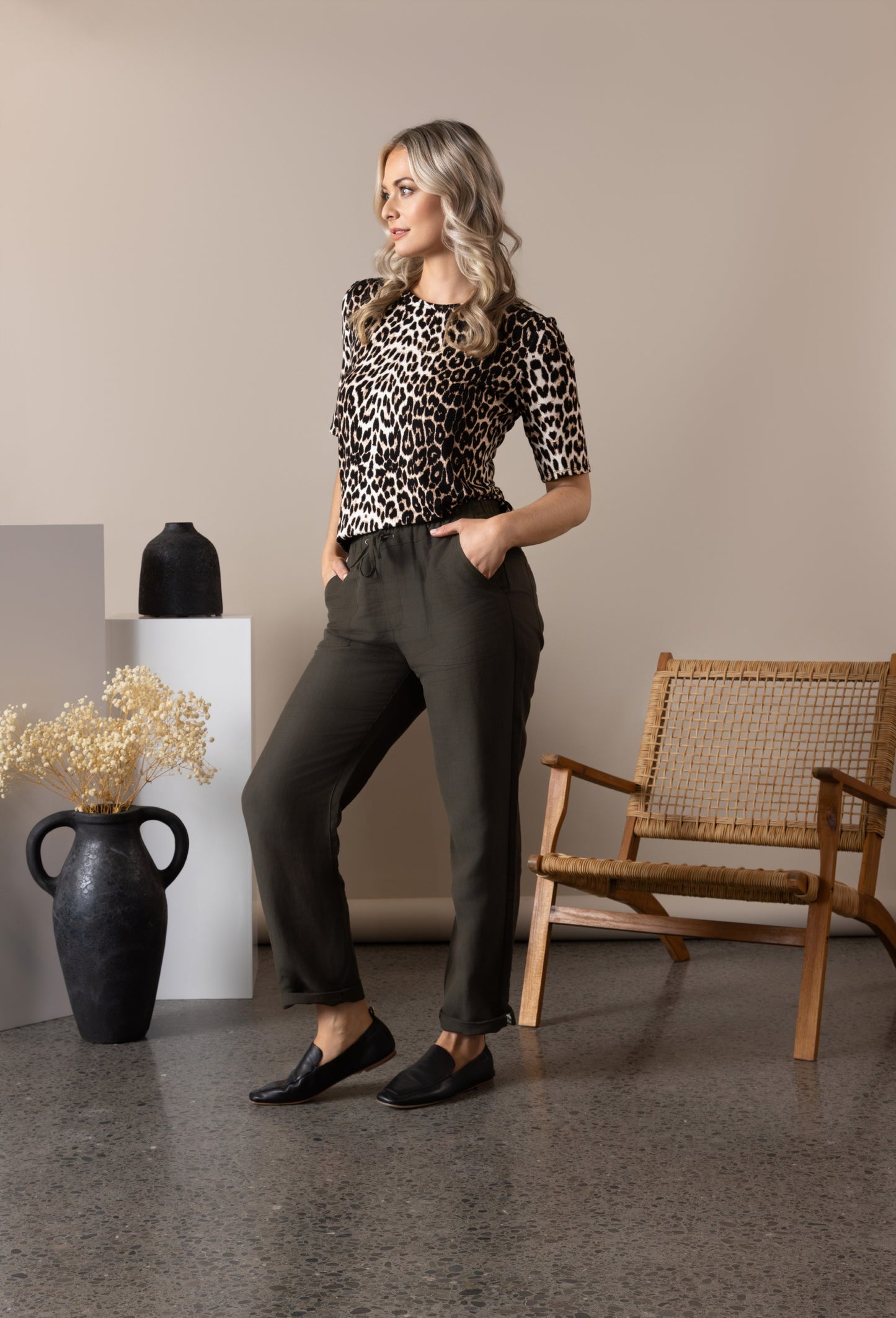 Leopard 3/4 Sleeve Round Neck Knit Top