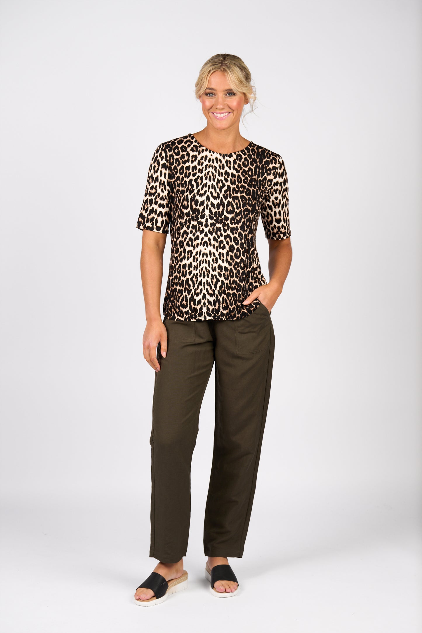 Leopard 3/4 Sleeve Round Neck Knit Top