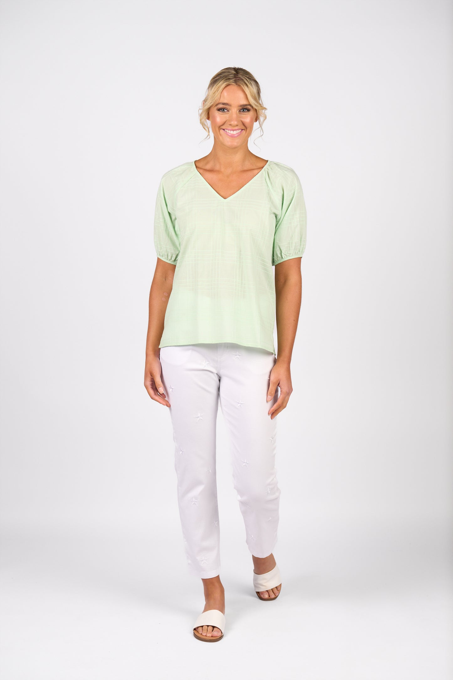 Mint Plain V Neck Top with Floaty Sleeve