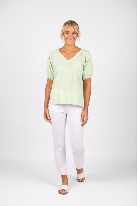 Mint Plain V Neck Top with Floaty Sleeve