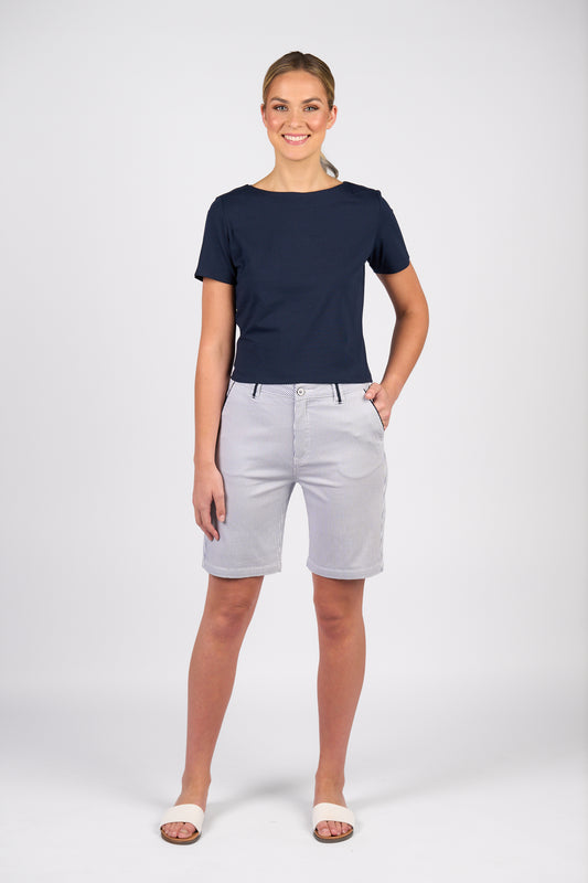 Ink/White Stripe Slim Leg Above Knee Short with Contrast Trim