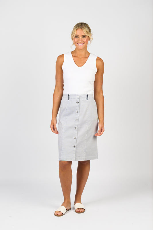 Ink/White Stripe Knee Length Skirt with Contrast Buttons and Trim
