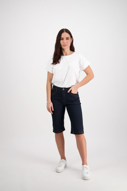Indigo Denim Straight Leg Contrast Stitch Denim Short