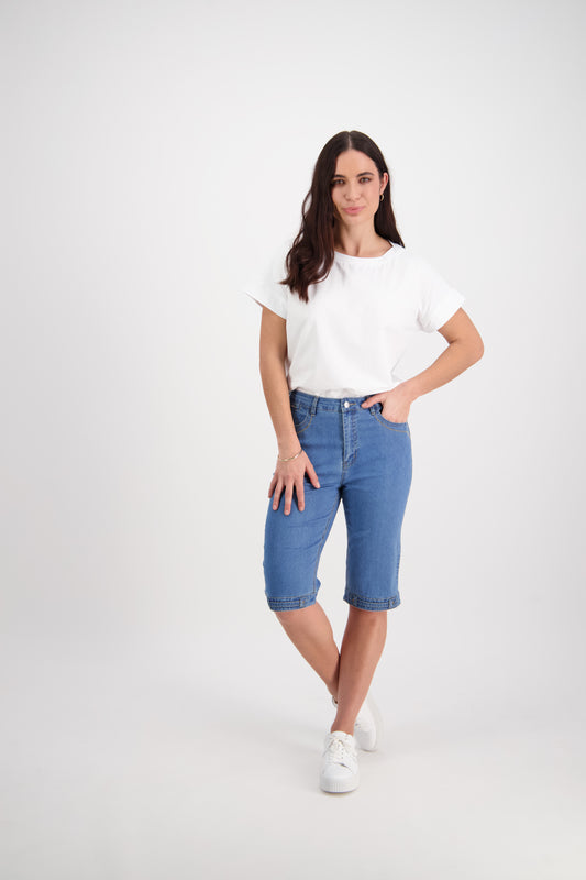 Light Denim Straight Leg Contrast Stitch Denim Short
